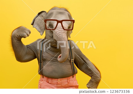 Whimsical image featuring an elephant wearing square glasses and suspenders against a vibrant yellow background, exuding sophistication and humor 123673336