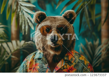 Whimsical photo of a brown bear donning oversized sunglasses and a colorful Hawaiian shirt against a lush, palm frond backdrop 123673337