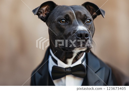 Sophisticated black dog dons a tailored tuxedo, looking sharp and distinguished with a smart bow tie and attentive gaze 123673405