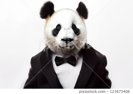 Whimsical and charming portrait of a sophisticated panda dressed in a stylish black and white tuxedo, featuring a dapper bow tie, exuding elegance and charm at a formal event 123673406