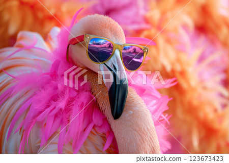 A vibrant photo capturing a fashionable flamingo donning colorful sunglasses with a playful, flamboyant background 123673423