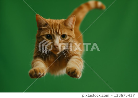 Valiant ginger cat caught in an action-packed leap against a bold green background, showcasing its agility and playful superhero persona Valiant ginger cat caught in an action-packed leap against a bold green background, showcasing its agility and playful superhero persona 123673437
