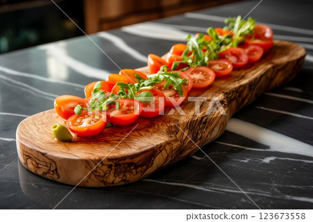 Cherry tomatoes and arugula elegantly arranged on a carved wooden serving platter, highlighting a gourmet and natural presentation 123673558