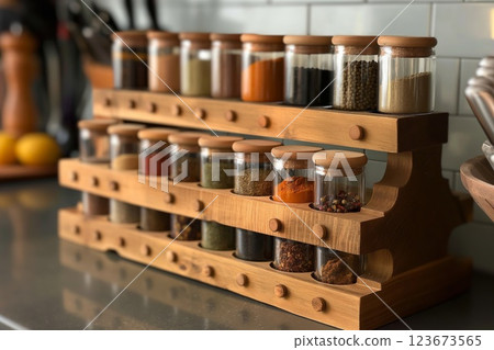 Well-organized wooden spice rack filled with jars of various spices and herbs on a kitchen countertop, enhancing home cooking Well-organized wooden spice rack filled with jars of various spices and herbs on a kitchen countertop, enhancing home cooking 123673565