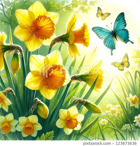 Bright yellow daffodils in full bloom under warm sunlight, surrounded by green grass and fluttering butterflies. A vibrant spring scene capturing nature's beauty and fresh beginnings, perfect for seas Bright yellow daffodils in full bloom under warm sunlight, surrounded by green grass and fluttering butterflies. A vibrant spring scene capturing nature's beauty and fresh beginnings, perfect for seas 123673636
