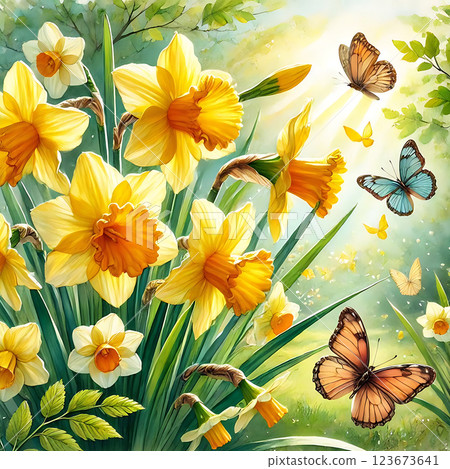 Bright yellow daffodils in full bloom under warm sunlight, surrounded by green grass and fluttering butterflies. A vibrant spring scene capturing nature's beauty and fresh beginnings, perfect for seas Bright yellow daffodils in full bloom under warm sunlight, surrounded by green grass and fluttering butterflies. A vibrant spring scene capturing nature's beauty and fresh beginnings, perfect for seas 123673641