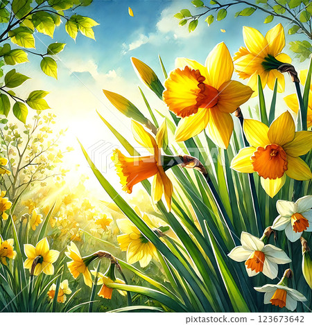 Bright yellow daffodils in full bloom under warm sunlight, surrounded by green grass and fluttering butterflies. A vibrant spring scene capturing nature's beauty and fresh beginnings, perfect for seas Bright yellow daffodils in full bloom under warm sunlight, surrounded by green grass and fluttering butterflies. A vibrant spring scene capturing nature's beauty and fresh beginnings, perfect for seas 123673642