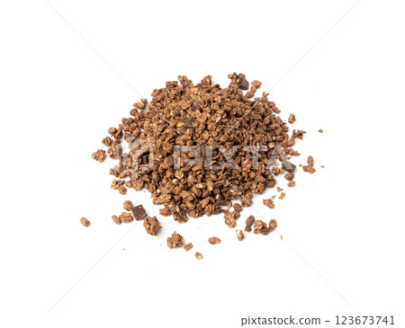 Chocolate Granola Pile Isolated, Cocoa Muesli Breakfast, Crunchy Cereals, Oatmeal Muesli Chocolate Granola Pile Isolated, Cocoa Muesli Breakfast, Crunchy Cereals, Oatmeal Muesli 123673741