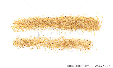 Grated wallnut , broken roasted walnuts, heap of nuts crumbs, whole kernel pieces, fractions 123673742