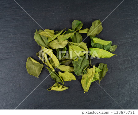 Thai lime dried leaves, makrut lime or Citrus hystrix leaf pile, kaffir lime dry sprouts, Southeast Asia spices 123673751