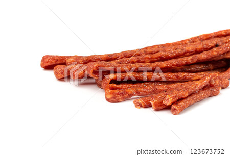 Dried Smoked Sausage Isolated, Thin Salami Sticks, Dry Embutido, Thin Bratwurst Sausage 123673752