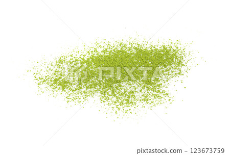 Matcha powder isolated, green tea dust pile, spirulina flour, powdered chlorella, dry extract Matcha powder isolated, green tea dust pile, spirulina flour, powdered chlorella, dry extract 123673759