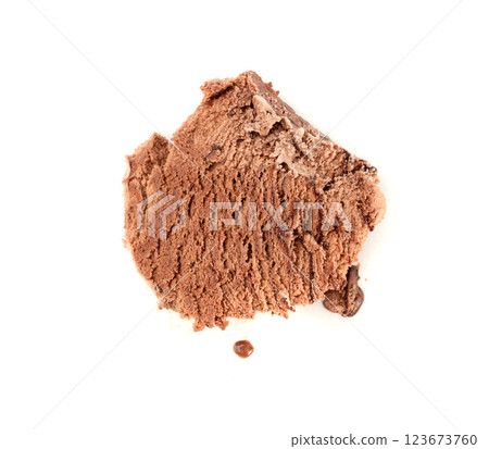 Melted chocolate ice cream isolated, real melting cocoa icecream drops, chocolate ice stain 123673760