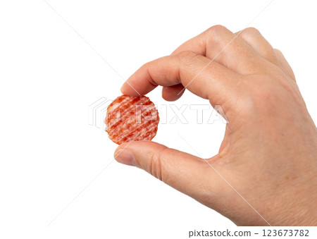Salami chips isolated, wavy sausage slices, sliced dry chorizo, sausages thin pieces, pepperoni pizza ingredient Salami chips isolated, wavy sausage slices, sliced dry chorizo, sausages thin pieces, pepperoni pizza ingredient 123673782