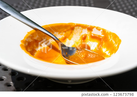 Food remains in plate, red leftovers, smeared sauce after lunch or dinner. Empty dirty plates, food waste 123673798