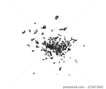Wakame seaweed pieces isolated, edible raw algae, dry undaria pinnatifida healthy food kelp Wakame seaweed pieces isolated, edible raw algae, dry undaria pinnatifida healthy food kelp 123673801