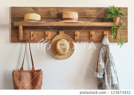 Wooden wall mounted coat rack adorned with straw hats, a green plant, a leather bag, and a checkered shirt in a home interior 123673832