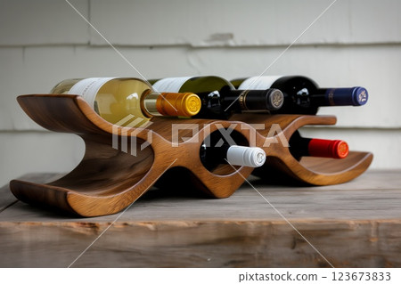 Stylish wooden wine bottle holder with three bottles of wine, showcased on a white rustic background with warm lighting 123673833