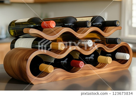 Stylish wooden wine rack elegantly displaying various bottles of wine in a modern, well-lit kitchen setting 123673834