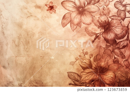 Warm-toned, textured backdrop featuring stylized flowers, ideal for invitations or graphic designs 123673859