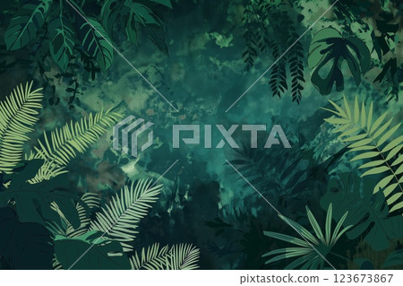 Lush and vibrant tropical jungle foliage background with dense, dark green leaves creating an artistic leafy pattern, perfect for botanical wallpaper and natural scenery illustrations 123673867
