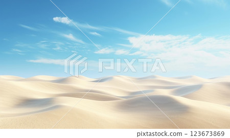 Tranquil sand dunes ripple gently under a vast and clear blue sky with wispy clouds Tranquil sand dunes ripple gently under a vast and clear blue sky with wispy clouds 123673869