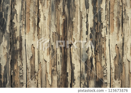 Close-up of weathered wooden surface with flaking white paint, providing a rustic texture 123673876