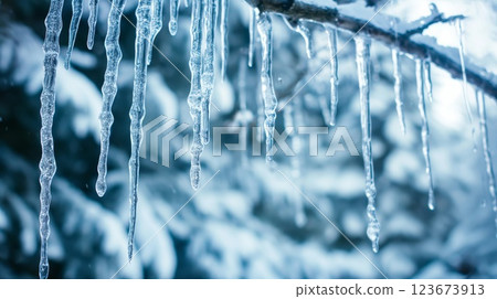 Serene winter scene featuring crystalclear icicles delicately hanging from a tree branch against a soft, snowy backdrop 123673913