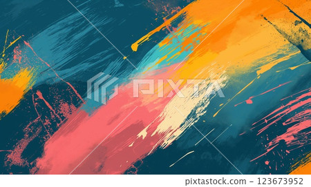 Vibrant abstract background with dynamic paint strokes in blue, orange, and pink hues 123673952