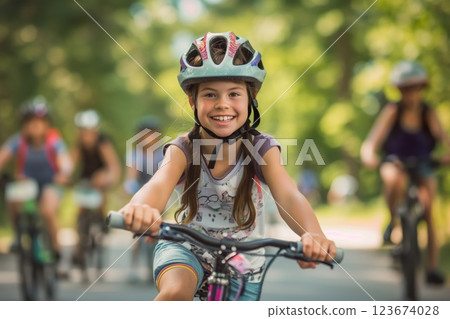 Young girl with a bright smile rides her bicycle during a charity event, exuding happiness and determination amidst fellow participants 123674028
