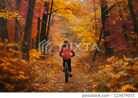 Girl rides her bike along a forest path surrounded by vibrant autumn foliage, evoking a sense of adventure and seasonal beauty 123674035