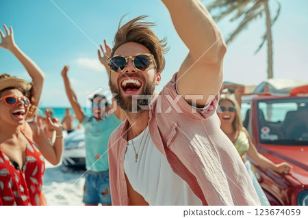 Group of ecstatic young friends cheering and celebrating together with a red van and palm trees in the background on a clear day 123674059