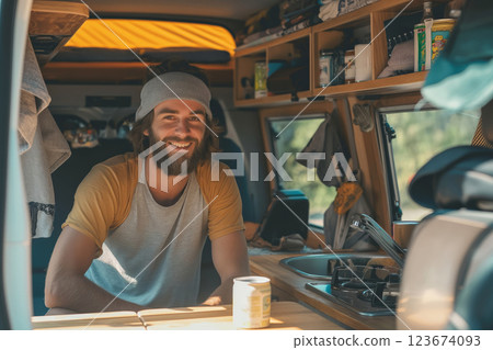 Bearded man with a headband smiles warmly inside a wellequipped camper van, showcasing the freedom of a road trip lifestyle Bearded man with a headband smiles warmly inside a wellequipped camper van, showcasing the freedom of a road trip lifestyle 123674093
