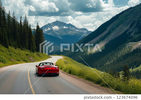 Experience the breathtaking scenic mountain drive in a red convertible car on the winding road. Surrounded by tranquil nature and remote forests 123674096