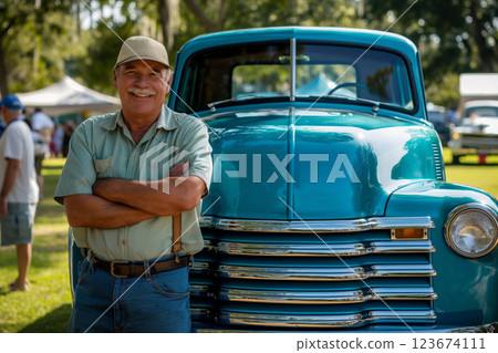 Smiling man in casual attire standing confidently with arms crossed in front of his immaculate vintage chevrolet pickup truck at a sunny car show 123674111