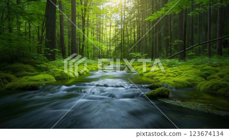 Tranquil stream gently flowing through a verdant forest blanketed in vibrant green moss under a canopy of sunlit trees 123674134