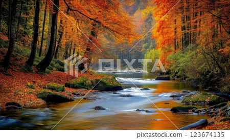 Tranquil stream winds through a vibrant autumn forest, with colorful fall foliage reflecting in the gently flowing water 123674135