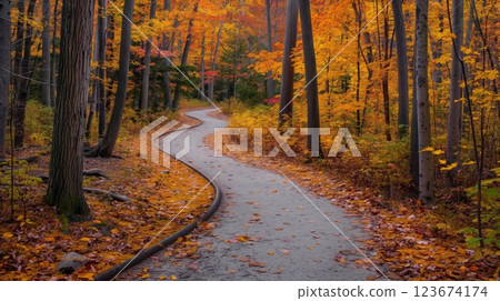 Tranquil forest path meanders through vibrant autumn foliage, inviting peaceful walks amidst the vivid colors of fall 123674174