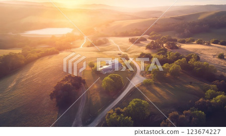 Aerial view of a secluded farm at sunset with warm tones 123674227
