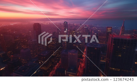 Vibrant sunset casting warm hues over a bustling city skyline with skyscrapers 123674243