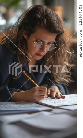 Professional woman immersed in creating uxui designs, sketching layouts and prototypes with precision and attention at her workspace Professional woman immersed in creating uxui designs, sketching layouts and prototypes with precision and attention at her workspace 123674303