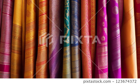 Vibrant array of luxurious silk sarees with intricate designs, showcasing traditional textile art 123674372