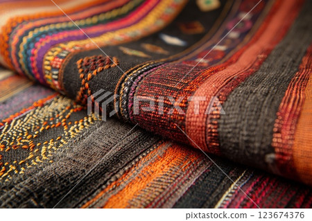 Close-up shot of colorful woven textiles showcasing intricate patterns and craftsmanship 123674376