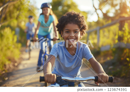 Smiling young boy enjoys a bike ride on a sunny path with his family biking in the background, radiating happiness and togetherness 123674391