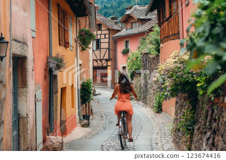 Woman enjoying a leisurely ride on a vintage cruiser bike along a charming cobblestone street in a picturesque old european village Woman enjoying a leisurely ride on a vintage cruiser bike along a charming cobblestone street in a picturesque old european village 123674416