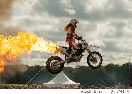 Skilled woman rides her motorcycle through the air against a fiery backdrop, showcasing daring and control at an outdoor event 123674419