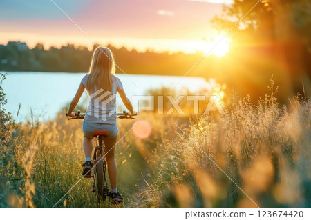 Girl enjoys a serene solo bike ride along a scenic path against the breathtaking backdrop of a golden sunset 123674420