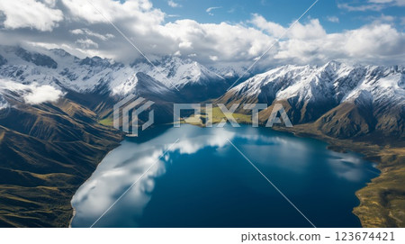 Aerial view of a serene alpine lake surrounded by snowy peaks and lush valleys 123674421