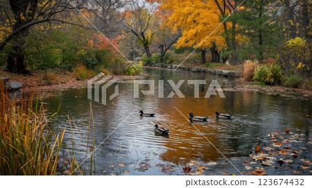 Ducks swim peacefully on a serene pond surrounded by vibrant fall foliage 123674432