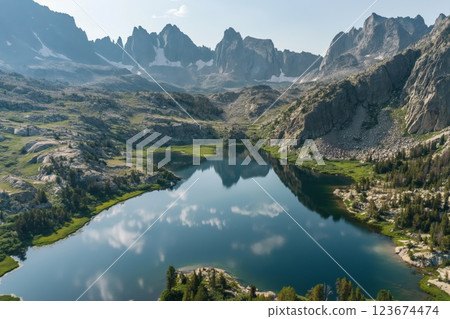 Aerial view of serene mountain lake with rugged peaks in an alpine landscape, showcasing the untouched and pristine beauty of nature in a remote and high altitude conservation area 123674474